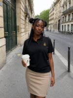 Détail du col boutonné et du symbole chrétien Chrisme sur polo