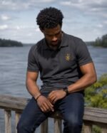homme portant le polo piqué chrétien Chrisme en coton