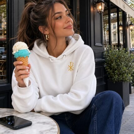 femme portant le sweat à capuche chrétien Chrisme en coton bio