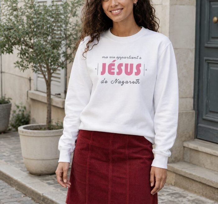 Sweat chrétien femme «Ma vie appartient à Jésus» | Pull blanc – Image 2