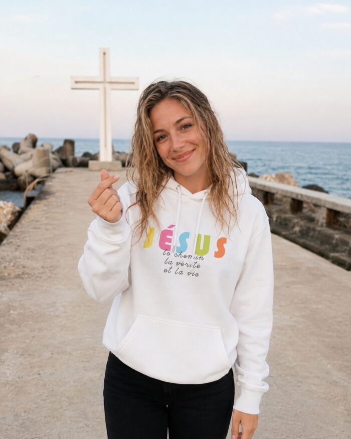 sweat à capuche femme «Jésus le chemin» | Pull blanc – Image 3