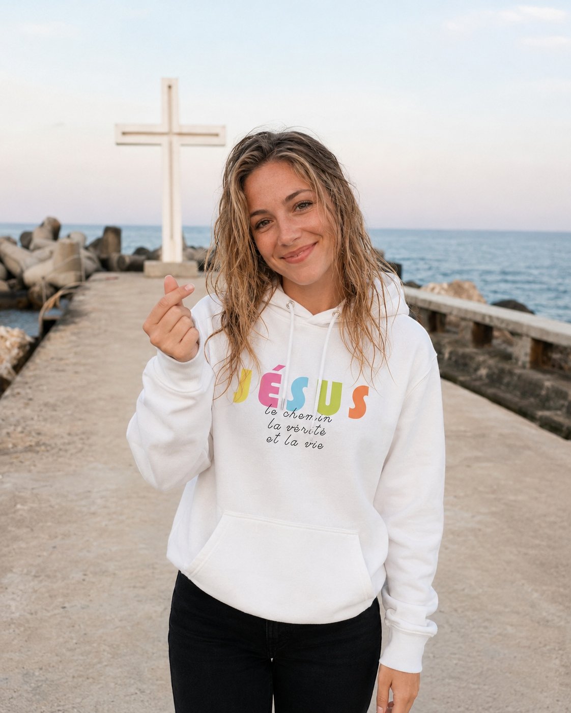 sweat à capuche femme «Jésus le chemin» | Pull blanc – Image 3