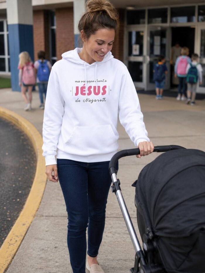 Sweat à capuche femme “Ma vie appartient à Jésus” | Blanc – Image 2