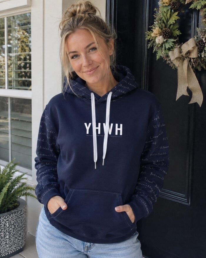 YHWH - Sweat à capuche femme marine | Pull chrétien premium – Image 3
