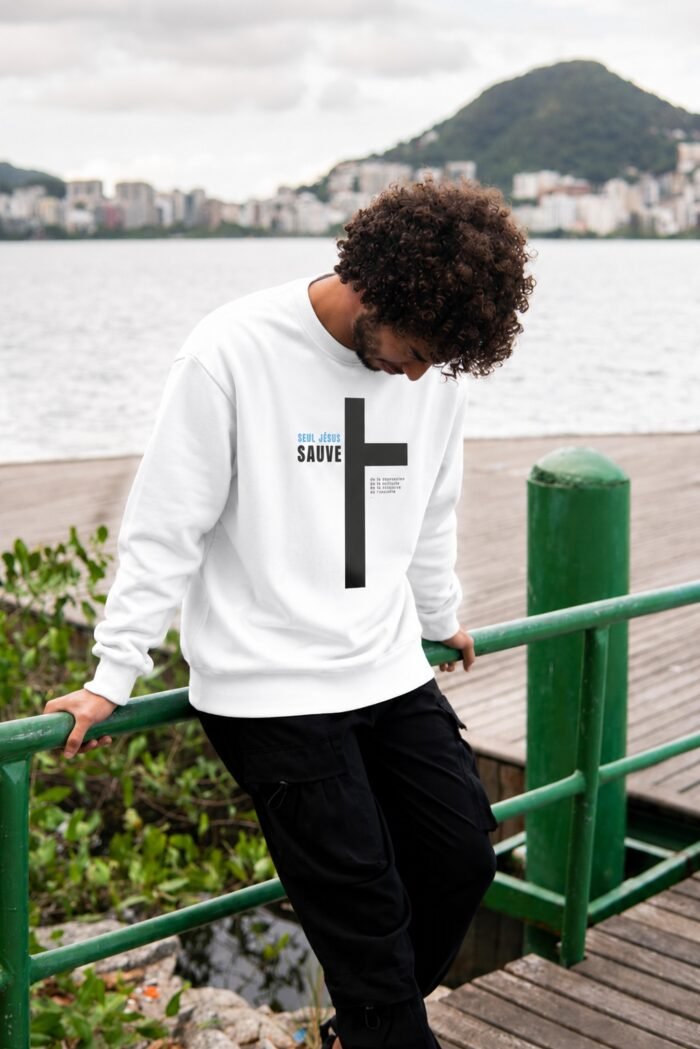 Sweat chrétien blanc pour homme "Jésus sauve"| Pull – Image 6