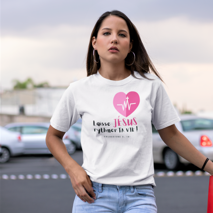 T-shirt chrétien femme “Laisse Jésus rythmer ta vie” | Blanc – Image 4