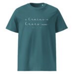 4281775666 Teal T shirt with white cursive French quote reading Ne crains pas crois seulement and Bible reference Mark 536 partial view