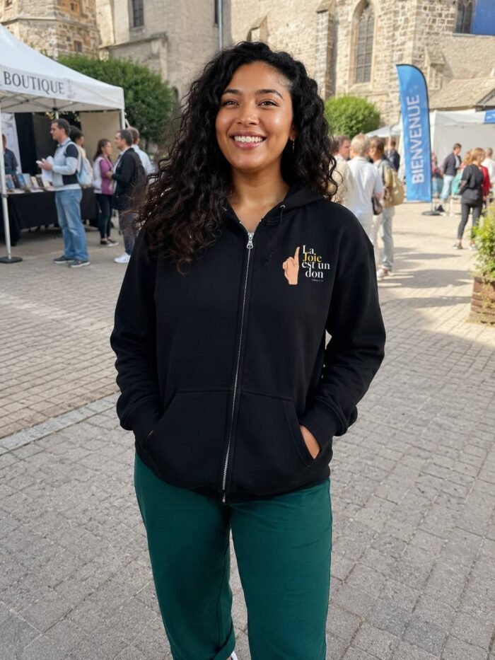 Sweat zippé à capuche chrétien “La joie est un don” | Diverses couleurs