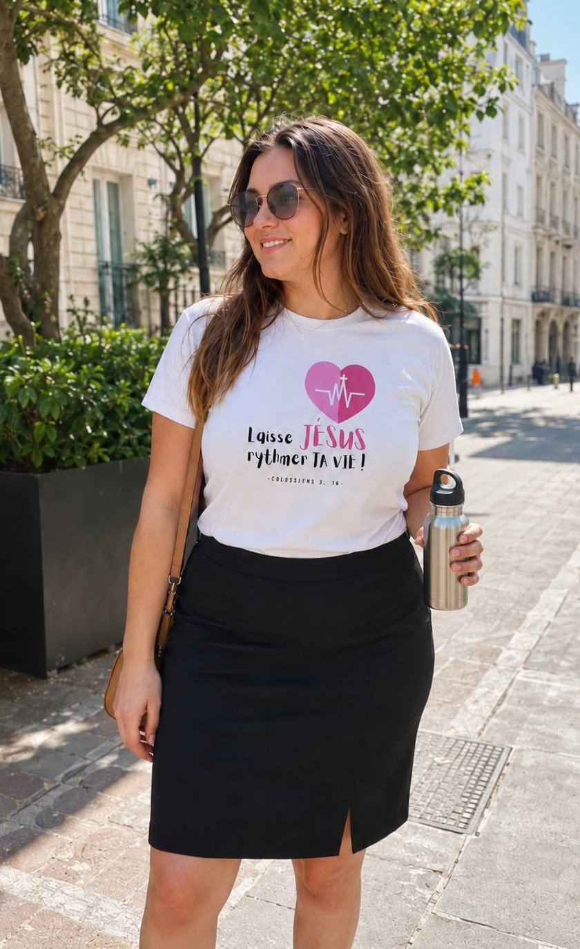 t-shirt-chretien-femme-laisse-jesus-rythmer-ta-vie-blanc T-shirt chrétien femme “Laisse Jésus rythmer ta vie” | Blanc – Image 1
