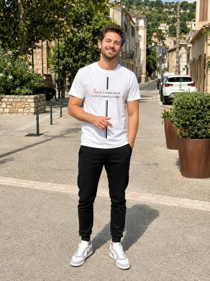 T-shirt chrétien homme “Jésus a changé ma vie” | blanc