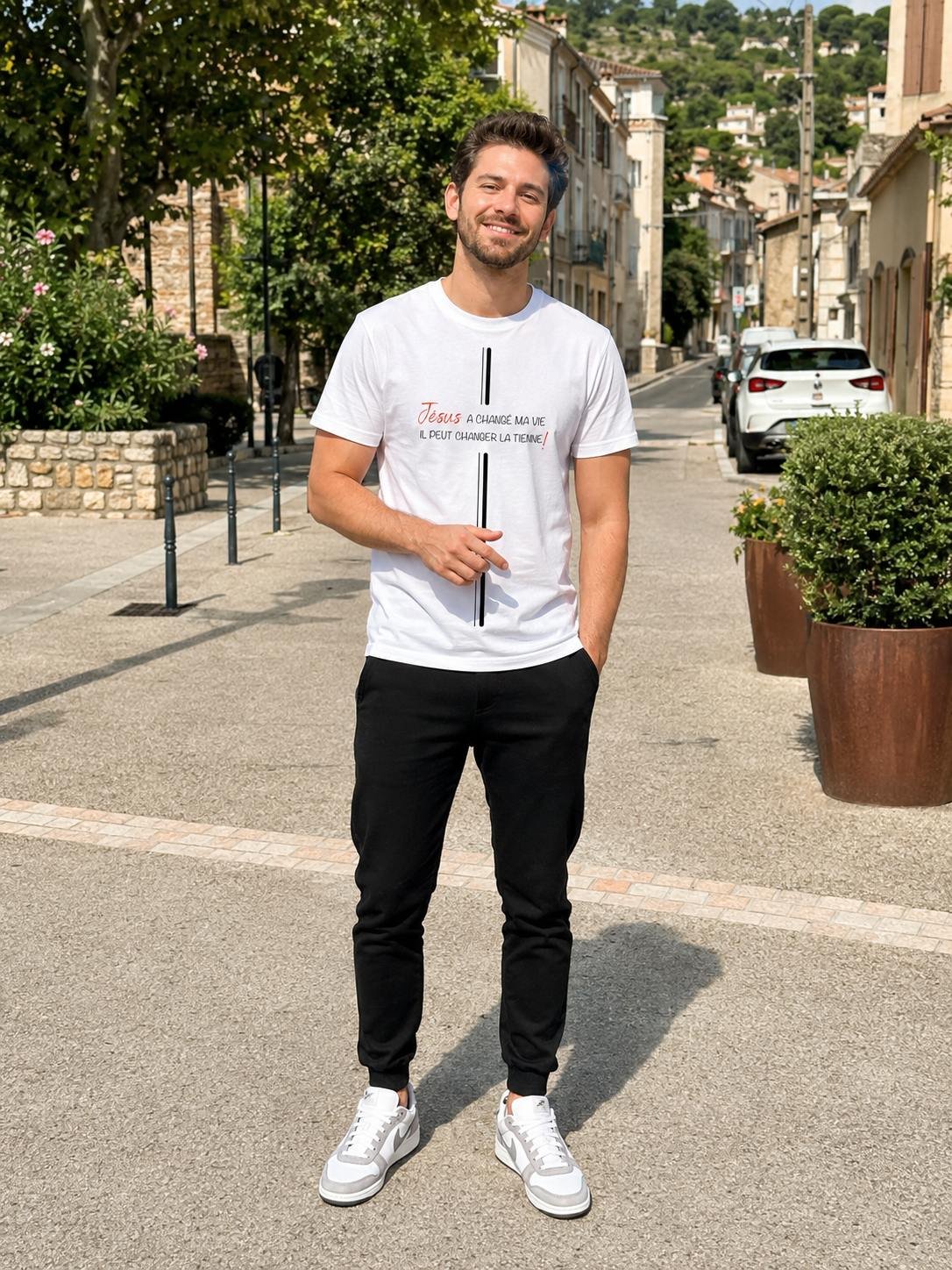 t-shirt-chretien-nouvelle-creature-blanc T-shirt chrétien homme “Jésus a changé ma vie” | blanc – Image 1