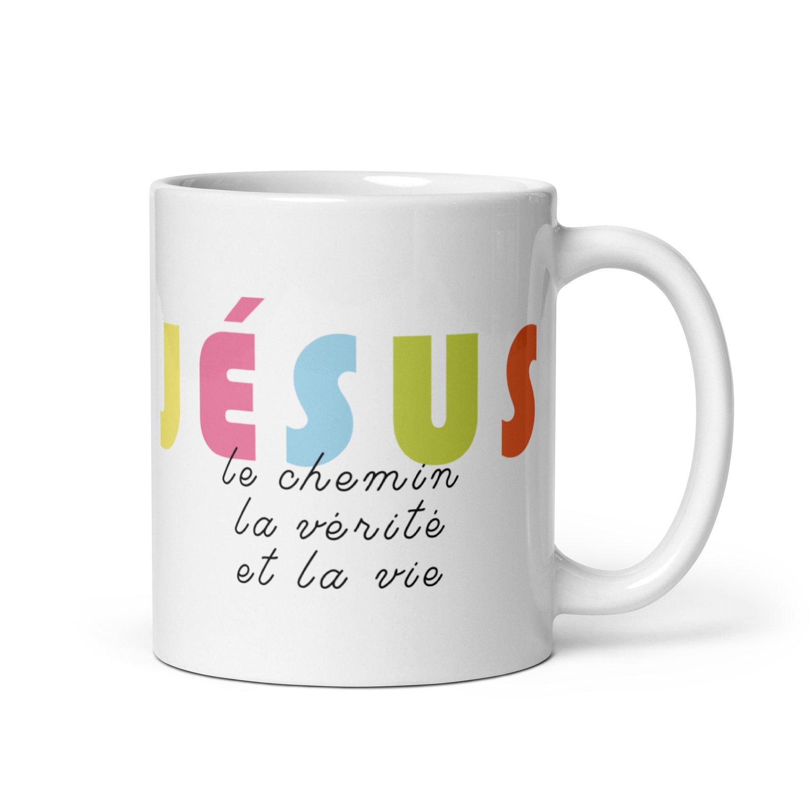 white-glossy-mug-white-11-oz-handle-on-right-6a5ce594e7877.jpg Mug chrétien « Jésus est le chemin, la vérité et la vie » | blanc – Image 1