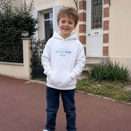 sweatacapuchegarconjesuisaimeblanc A smiling child stands on a red paved street in front of a beige house with brick accents wearing a white hoodie and blue jeans with hands in the pockets