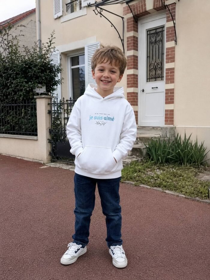A smiling child stands on a red paved street in front of a beige house with brick accents wearing a white hoodie and blue jeans with hands in the pockets