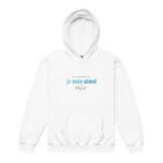 White hoodie with a blue je suis aimé print across the chest