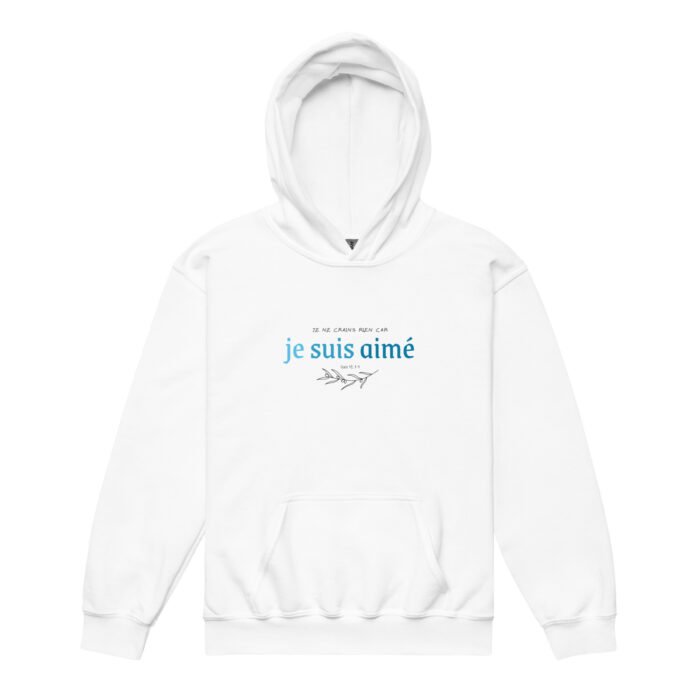 White hoodie with a blue je suis aimé print across the chest